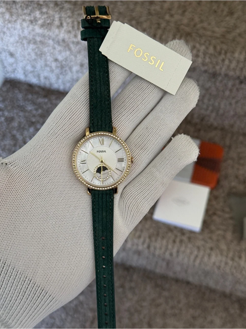 Fossil Women's Jacqueline Moonphase Green Leather Strap Gold Crystal Dial Watch